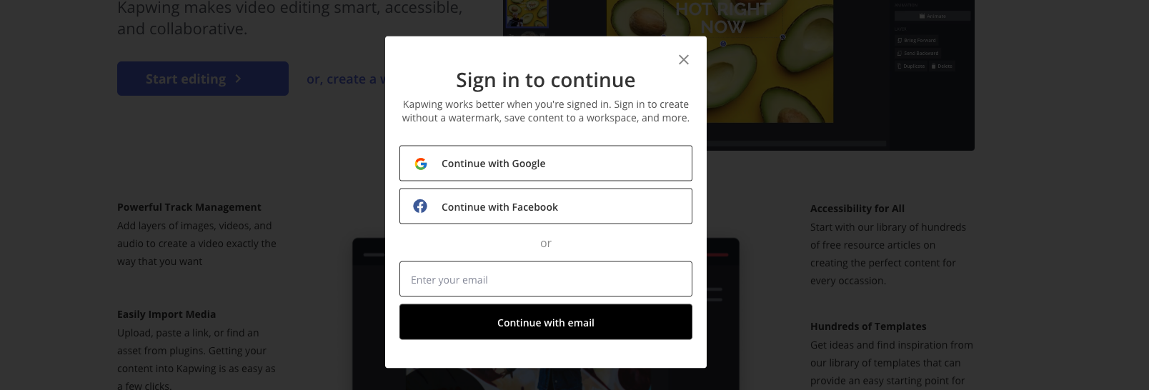 在KAPWING登陆页面上的符号模态,为用户提供三种方式来登录,使用Google,Facebook或其电子邮件地址。